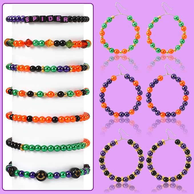 UPINS 1200Pcs Halloween Beads Round 6mm Black Purple Orange Green Pearl Beads for Jewelry Making Halloween Mardi Gras Party Decoration Necklace Bracelets Hair Beads DIY Crafts (4 Colors)