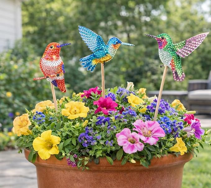 BEAUTYMEHNDI STORE 10 Pack Diamond Art Bird Plant Stakes – DIY Hummingbird Mini Diamond Painting Kit for Adults, Garden Decor for Potted Plants, Gift for Plant Lovers