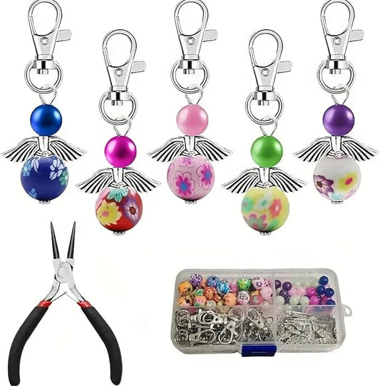 180Pcs DIY Angel Pendant Keychains Kit Including Alloy Wing Spacer Imitated Pearl Bead Pendant Lobster Buckle Claw Clasps and Pliers Jewelry Making Supplies Repair Tools Kit for Women Adults Teens