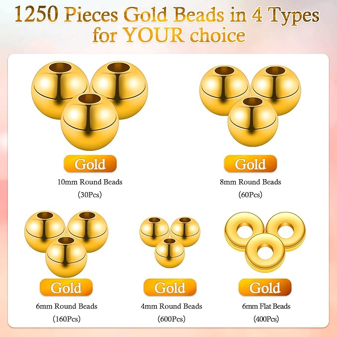 selizo 1250 Pieces Gold Spacer Beads for Jewelry Making, Assorted Gold Beads for Bracelets Making
