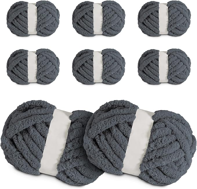 Super Soft Chunky Chenille Yarn – 8 Skeins × 8 oz (25 Yards Each) Jumbo Bulky Yarn for Crochet & Hand Knitting Blankets, Sweaters, Cushions, DIY Projects (Grey)