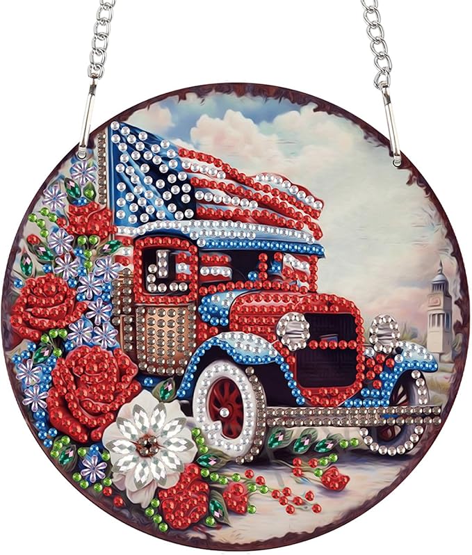 DIY 5D Diamond Painting Ornament Independence Day Car with American Flag, Diamond Art Acrylic Hanging Pendant, 4th of July Patriotic Diamond Painting Kit for Adults Home Door Car Decoration