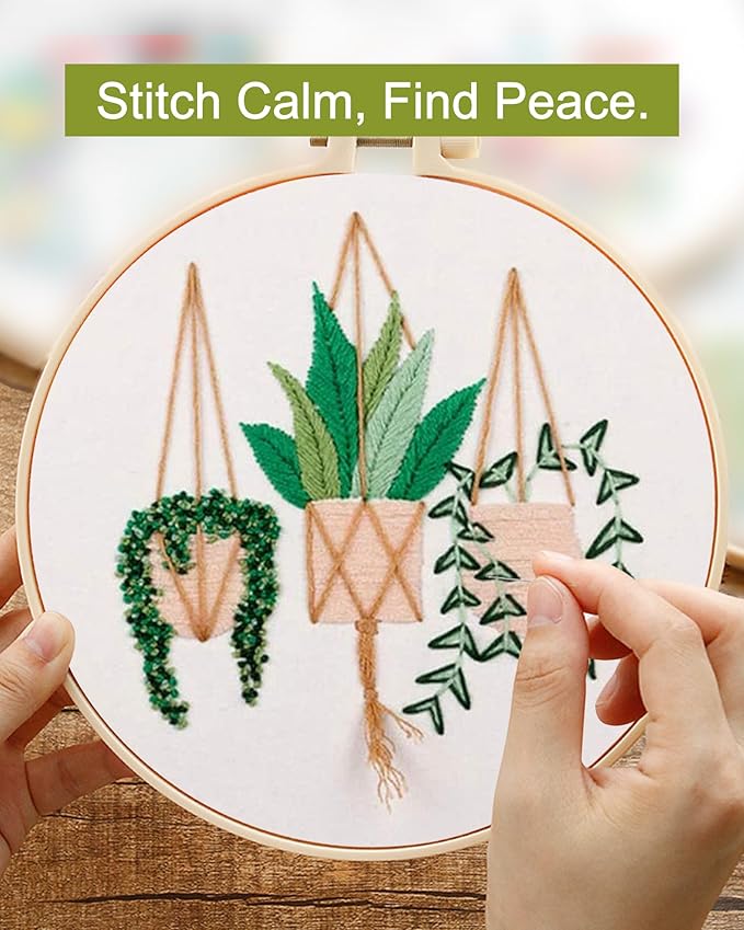 Santune 3 Sets Embroidery Kit for Beginners Needlepoint Cross Stitch Kits for Adults,Stitch Learning DIY Sets with Instruction Video,Stamped Floral Patterns,Hoop,Threads,Sewing Hobby