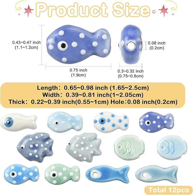 12Pcs Polka Dot Fish Ceramic Porcelain Beads for Jewelry Making Blue Ocean Sea Beach Animal Spacer Beads for DIY Necklaces Earrings Bracelets Keychains Jewelry Findings Accessories