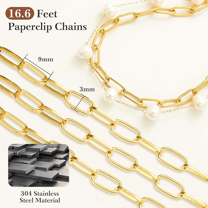 18K Gold Chain for Jewelry Making – Stainless Steel Paperclip Chain, 16.6 Feet DIY Bracelet Necklace Kit with 100 Jump Rings, 50 Clasps, 26 Letter Pendants & 30 Colorful Charms