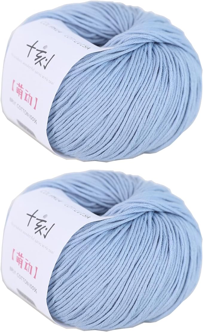 Fine Weight Knitted and Crocheted Cotton Yarn, 100% Long Staple Cotton Yarn, Baby Sports, 2 Packages of 100g/3.52oz (Per Skein 50g/162yards)-Funny Blue