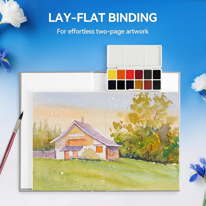 Paul Rubens Travel Watercolor Sketchbook, 24 Sheet 140lb/300gsm 100% Cotton Acid-Free Hot Press Watercolor Journal with Glitter Effect (5.31"x3.81"), with 12-Color Travel-Size Artist Grade Water color
