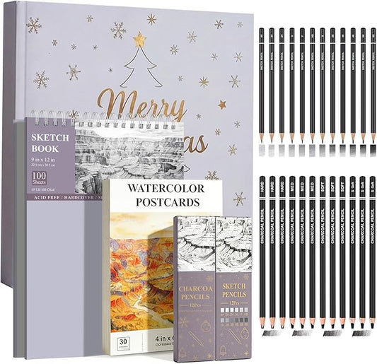 sufly sketch book and pencils set, sketching kit complete with 9x12 sketch book,4x6 watercolor postcards,graphite pencils (12b-4h), charcoal pencils (hard, medium, soft), sketching supplies.