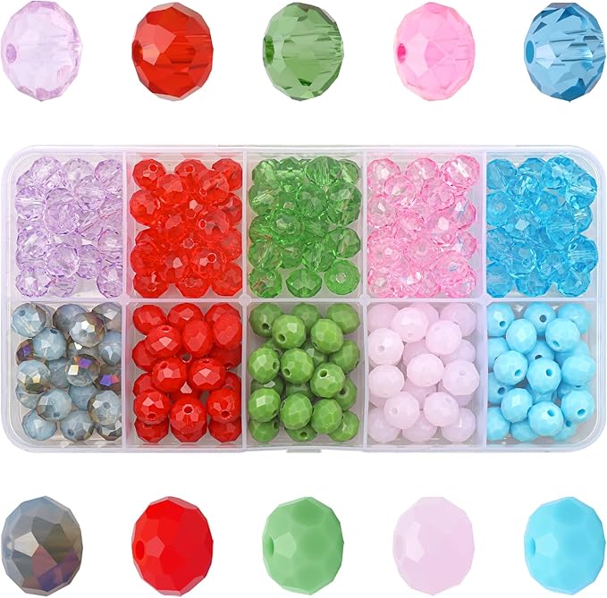 200pcs 8MM Faceted Rondelle Glass Beads for Jewelry Making, Briolette Crystal Glass Beads Plated Round Loose Spacer Beads for DIY Supplies Bracelets Necklaces Earrings (Christmas)
