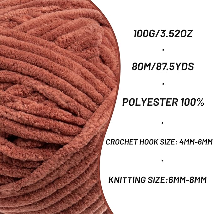 Fluffy Chenille Yarn for Crocheting, Chunky Velvet Yarns for Crochet Amigurumi, Baby Yarn for Crocheting Soft Blanket, 87.4yds /3.5 oz Bulky Yarns for Crafts/Hats/Shoes/Socks (Rust)