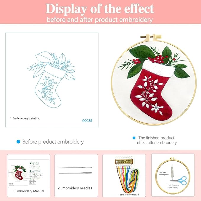 Zhenqing Christmas Stocking Embroidery Kit - 29x29cm Printed Fabric, Hoop & Tools for Beginners (C0035)