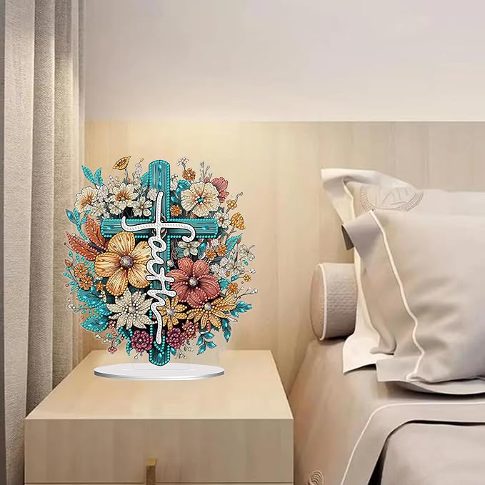 hyzsj DIY Diamond Desktop Ornament, Crystal Cross Flower Diamond Art Painting Tabletop Ornaments Single Sided, Diamond Ornament for Adult Beginner Home Office Decor Crafts Gift