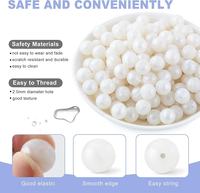Silicone Beads, 150Pcs 15mm Round, Metall White for Keychain Making, Bracelet Making, Necklace Making and Pens