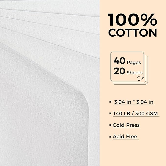 Watercolor Journal - 100% Cotton Cold Press Paper | 20 Sheets 40 Pages | 300GSM (140lb) | PU Leather Cover Watercolor Sketch Books for Artists Painting,Mixed Media 3.9in x 3.9in