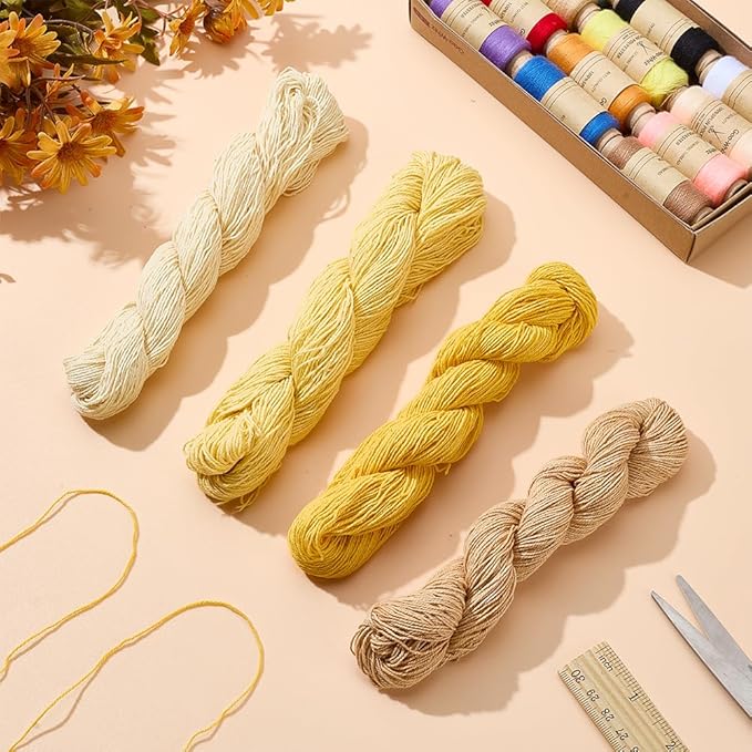 FREEBLOSS 4 Pcs Sashiko Thread 100M x 4 Colors Cotton Embroidery Floss 3 Stranded Yellow Embroidery Threads Japanese Quilting & Sewing Thread for Sashiko Kit Supplies