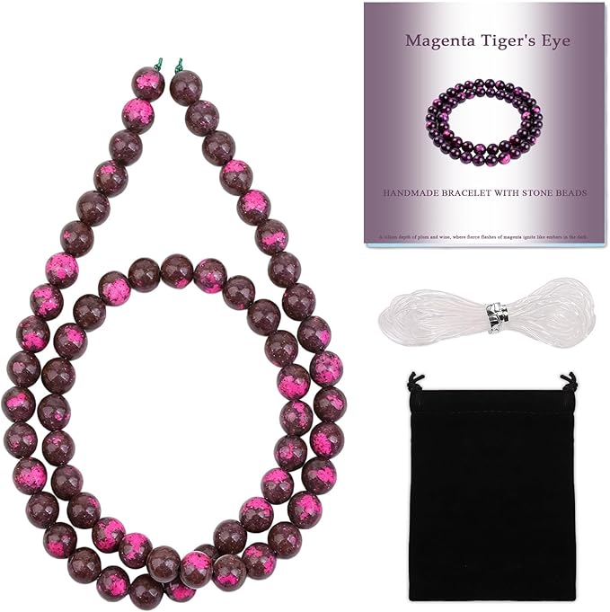 Stone Beads, 60pcs Magenta Tiger‘s Eye, 6mm Round Loose Beads for Jewelry Making, Bracelets, with Bag, String & Card