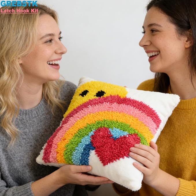GREBSTK Latch Hook Kit DIY Throw Pillow Cover Sofa Cushion Cover Sun & Rainbow Pattern Paint Cross Stitch 16X16 inch