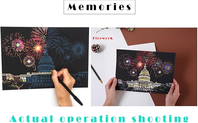 Scratch Painting Rainbow Paper by BOTEEN, Sketch DIY Art Craft City Series Night View Creative Gift, Scratchboard for Adults and Kids ,Craft Kits with 4 Tools (A4- 4pack）
