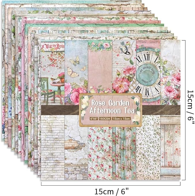 6x6” 160gsm cardstock Single Sided Scrapbooking 24 Papers Pad vintage decoupage scrapbook kit patterned paper junk journal supplies journaling supply scrap paper crafting Rose Garden