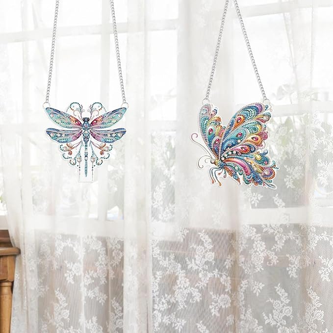 2 Pack Dreamy Dragonfly and Butterfly Diamond Art Pendants Ornaments – 5D Diamond Painting Hanging Decorations with Rhinestones – Acrylic Art Charms for Home, Car, or Gift