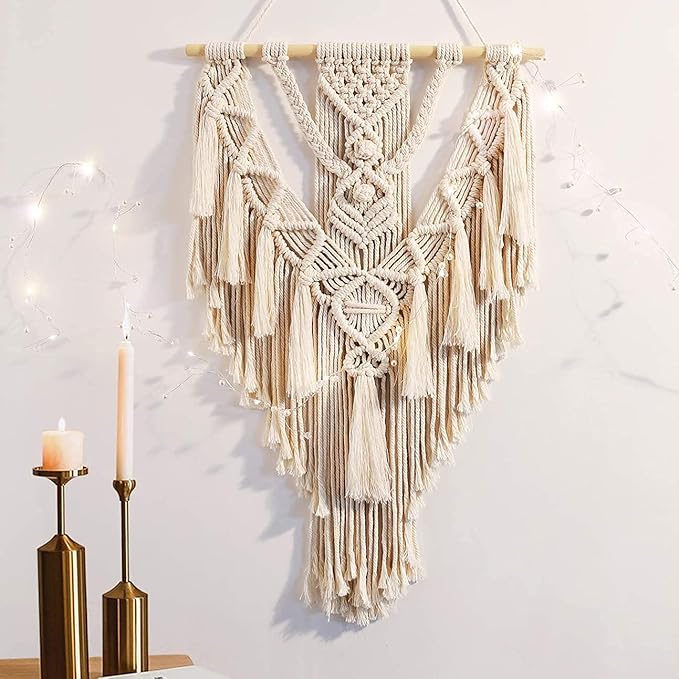 anroye macrame boho wall hanging decor, geometric woven tapestry chic cotton handmade bohemian art with long tassel, craft ornament for dorm home bedroom western room decoration gift for women