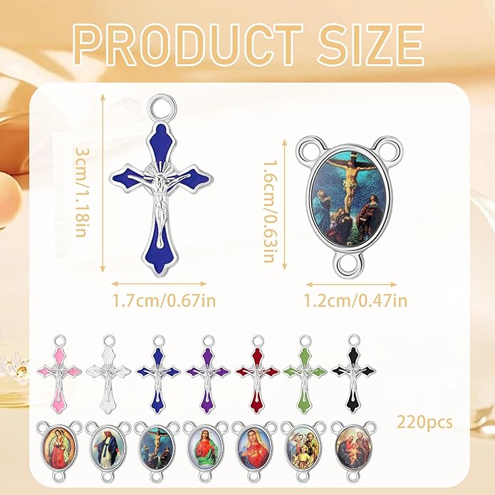 220 Pcs/ 110 Set Rosary Making Kits Supplies Cross and Center Medal Charm Alloy Picture Religious Charms Crucifix Pendant for DIY Prayer Bracelet Necklace Jewelry