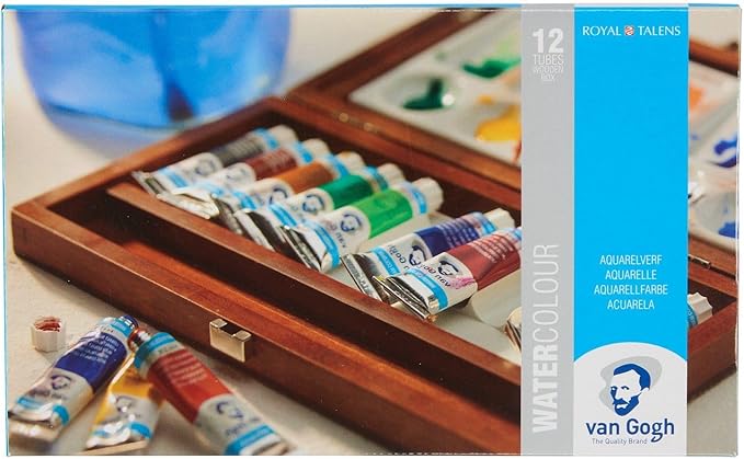Van Gogh Watercolor Paint Set, Wood Box, 12-Tube + 3 Accessories