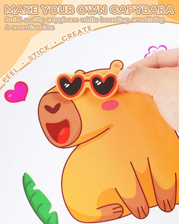 aowplc capybara make-a-face stickers, 32 sheets for kids’ crafts, fun capybara party favors & birthday decorations