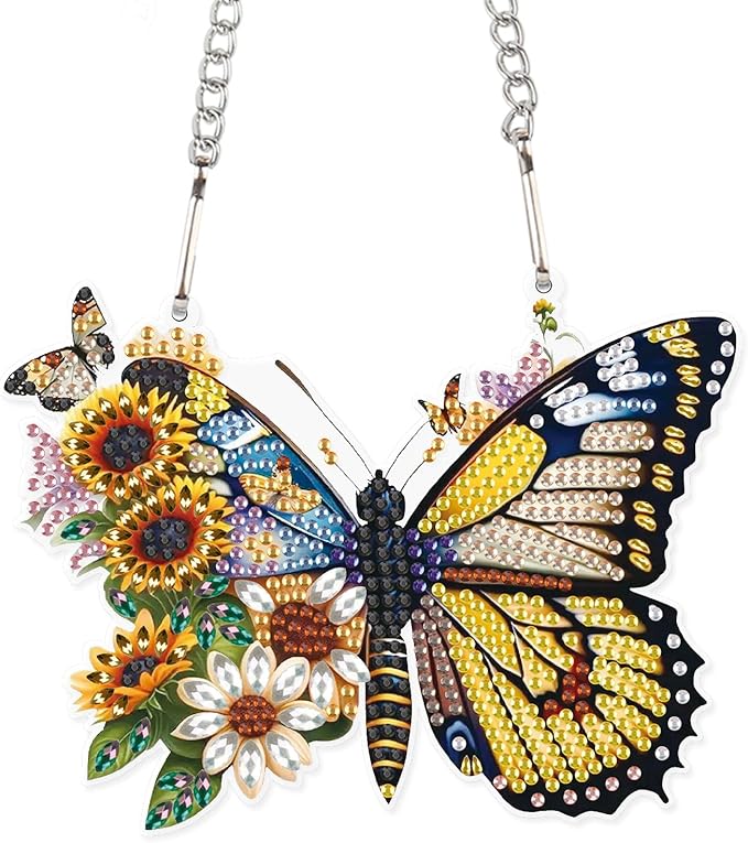 AiYuanzsh Butterfly Diamond Painting Kit Ornament with Hanging Chain DIY Diamond Art Hanging Pendant Paint by Number Stained Glass Wall Art for Adults Acrylic Crystal Hanging Home Wall Decor Gift