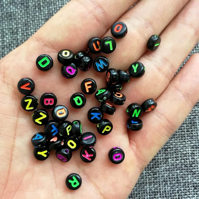 Amaney 1000pcs Alphabet Beads 4x7mm Round Letter Beads Black Acrylic with Colorful Letter for Jewelry Making