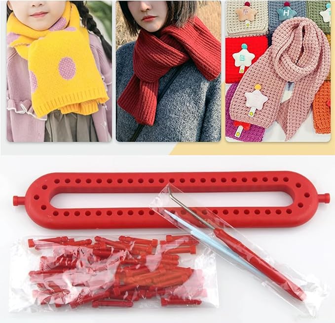 Dense Teeth Rectangle Knitting Looms，Plastic Weaving Looms Set，Weaving Loom，Scarf Hats Making Tools，DIY Crocheting Handmade Craft Kit with a Crochet Hook and Needle for Knitting Lovers，26 cm (Red)