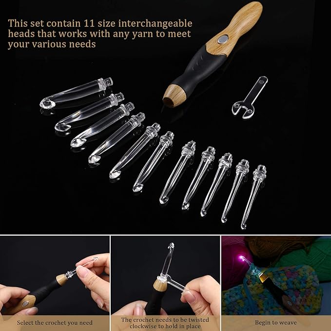 Chuangdi 11 Sizes Lighted Crochet Hooks Set Rechargeable Crochet Hook Light up Hooks with Case, Interchangeable Heads 2.5 mm to 8 mm for DIY Craft Supplies(Wood Color-Black)