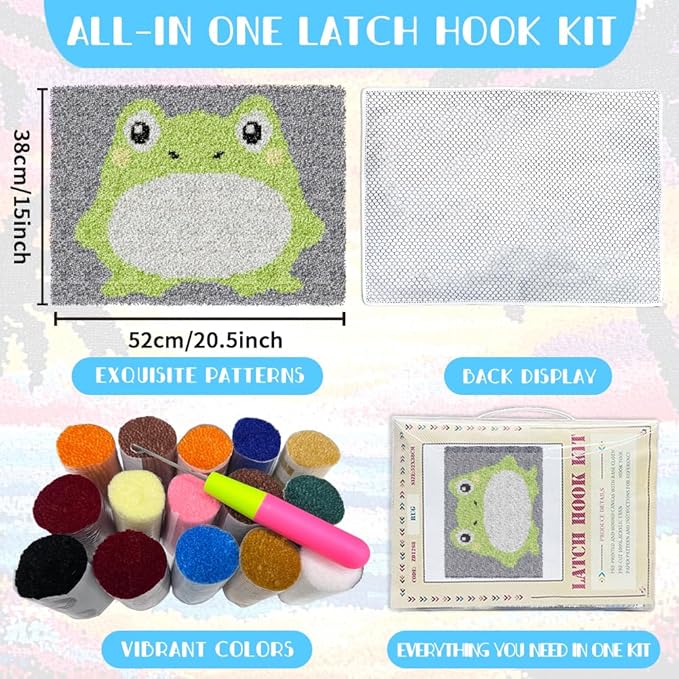 ORIGACH Frog Latch Hook Rug Kit for Adults DIY Needlework Cover Printed Rug Making Kit Handmade Carpet Tapestry with Hook Latch and Preprinted Canvas, Home Arts Crafts Sofa Decor, 20.5x15inch