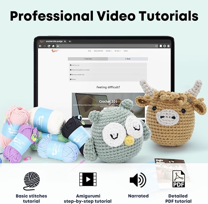 CrochetBox Crochet Kit for Beginner, Highland Cow and Owl Learn How to Crochet Stuffed Animals Gift for Adults and Teen(), Knitting Set with Yarn Hook Stitch-by-Stitch Video Tutorial