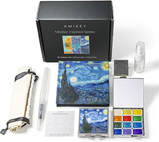 mini watercolor travel set, 12 Color Watercolor Paint Set (Pearl Shimmer) in Metal Tin with 300gsm Sketchbook, Portable Art Kit for Travel & Beginners（Inspired by The Starry Night）