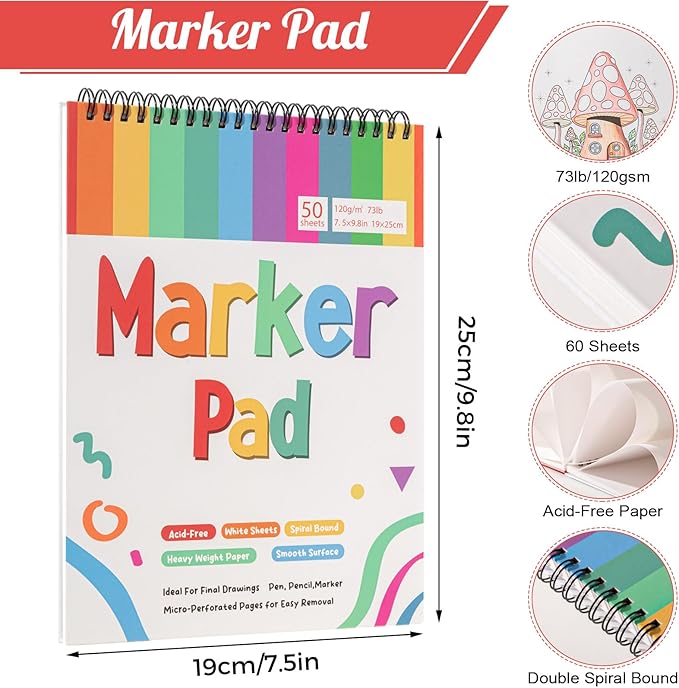 50 Sheets Marker Paper Pad, 7.5×9.8 Inch Bleedproof Art Sketch Pad, 73lb/120gsm Drawing Paper Spiral Sketch Book, Painting Coloring Alcohol Marker Paper for Beginners, Artists, Gift, Easter