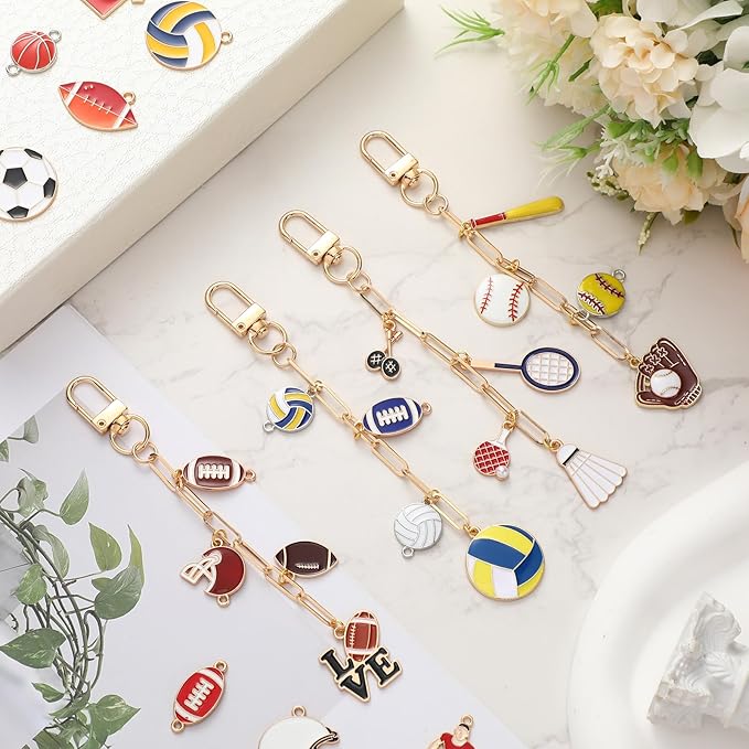 Tondiamo 266 Pieces Football DIY Gold Keychain Making Kit Bat Sports Football Charm Jewelry Making Baseball Volleyball Ornaments Bulk for Key Ring Art Adults Women Bag Gift