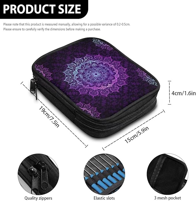 Hechitok Mandala Purple Crochet Hook Case Without Hooks and Accessories Zipper Storage Organizer Bag with Web Pockets for Various Crochet Needles Accessories Crochet Hook Kit Tools