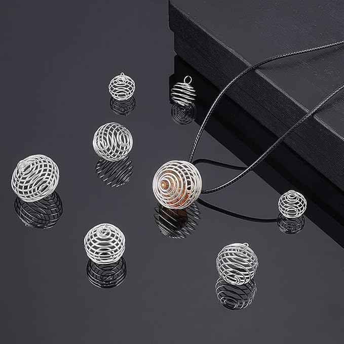 PH PandaHall Iron Crystal Holder Necklace Kit, 24pcs 3 Sizes Spiral Stone Tumbled Rock Bead Cage with 24pcs 17" Waxed Cotton Necklace Cord 50pcs Jump Rings for Lucky Charms,14/20/25mm