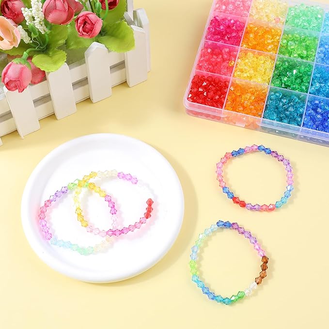 Crystal Beads for Jewelry Making 3000pcs Bicone Bracelet Bead Faceted Acrylic Beads 24 Colors Rainbow Loose Craft Bead for Jewelry Making, DIY Bracelets, Necklaces, Curtain, Key Chains