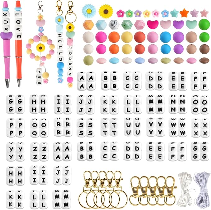 239Pcs Silicone Beads for Keychain Making, 12mm Silicone Letter Beads Bulk, 12mm 15mm Round Rubber Bead Bracelet Kit for Pens, Necklace, Jewelry Making DIY Crafts Gifts (Multicolor)