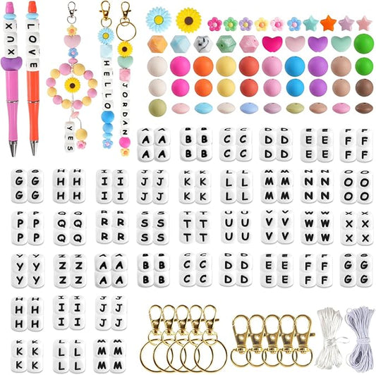 239Pcs Silicone Beads for Keychain Making, 12mm Silicone Letter Beads Bulk, 12mm 15mm Round Rubber Bead Bracelet Kit for Pens, Necklace, Jewelry Making DIY Crafts Gifts (Multicolor)