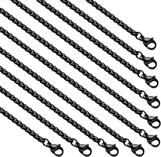 youbeiyee 10 pack black necklace chain bulk for jewelry making stainless steel square rolo necklaces set for women and men (20inch)