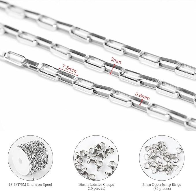 KYUNHOO 16.4 Feet Silver Stainless Steel Chain for Jewelry Making Long Box Link Chains Bulk on Spool for DIY Women Necklace Jewelry Supplies with Jump Rings and Lobster Claps