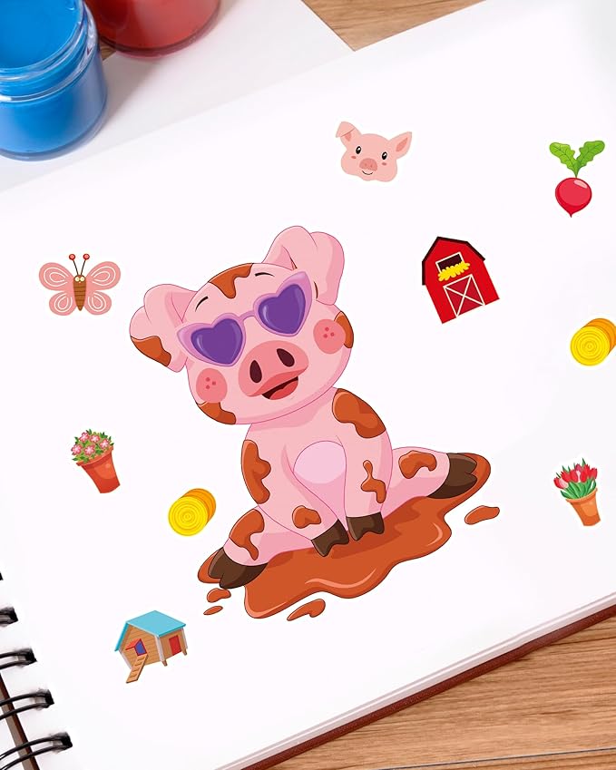 aowplc 48 sheets farm animal make‑a‑face stickers for kids & toddlers – 12 unique mix‑and‑match designs – farm party favors, birthday supplies, activities & crafts