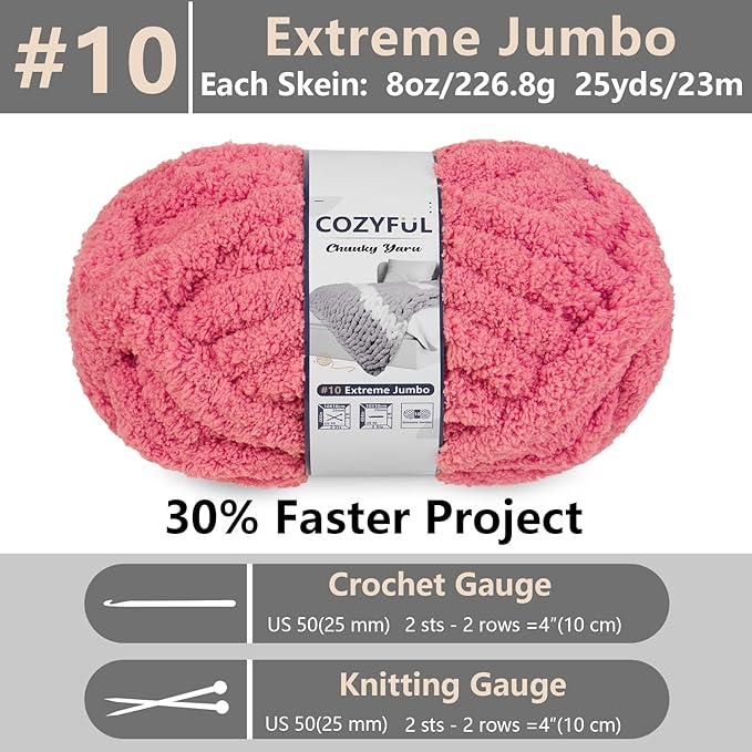 Chunky Yarn for Hand Knitting - #10 Chunky Chenille Yarn, Jumbo Big Thick Chunky Yarns for Crocheting, Super Bulky Chunky Knit Blanket Yarns, 8 Skein (25 yds 8 oz Each Skein), Terracotta Rose