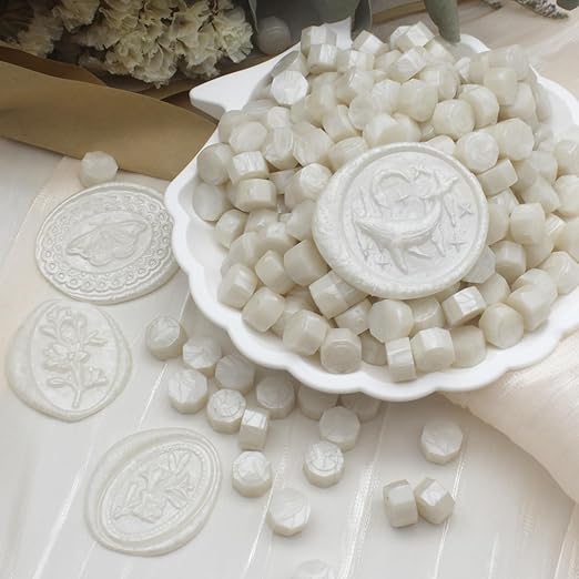 250pcs Wax Seal Beads Pearl White, Andotopee Premium Sealing Wax Beads for Stamp Seals, Octagon Seal Stamp Pellets Refill Pack for Wedding Invitation, Letter Envelope, Scrapbook DIY & Bridal Crafts