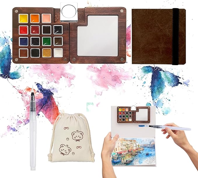 Mini Paint Palette Travel Kit - Mini Travel Watercolor Palette Set, Pocket Artist Water Color Travel Set with Colours, Watercolor Book, Binder Clips, Pens,Wooden Paint Box for Painters Artists Student
