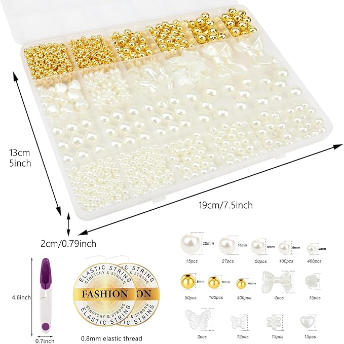 1206 Pcs Pearl Beads for Bracelet Making Kit Gold Spacer Beads for Jewelry Making Pearl Flower Butterfly Bracelet Bead Charms Necklace Earrings DIY Craft for Adult Pearls Heart Bead for Crafting