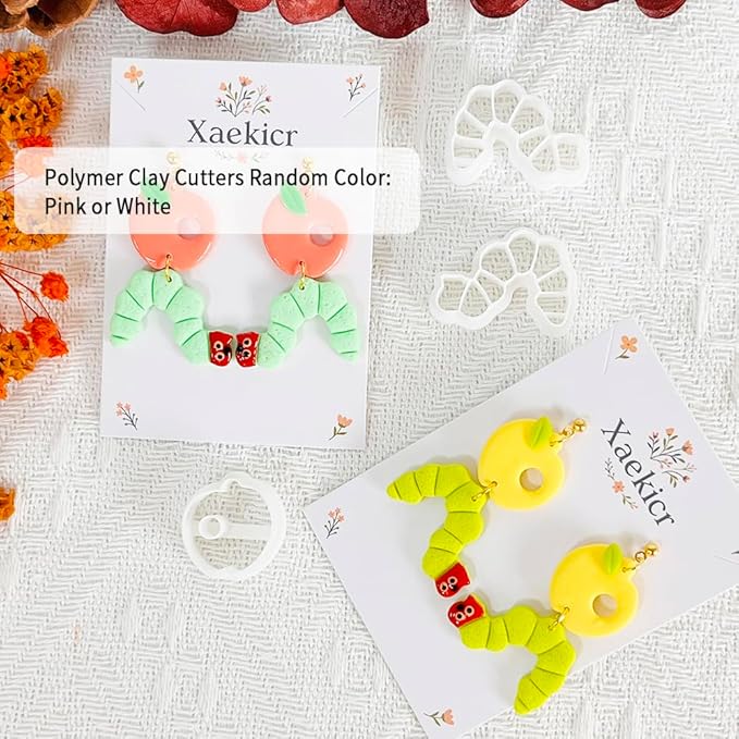 Xaekicr Whimsical Worm and Apple Polymer Clay Cutters – 3PCS Clay Earring Cutters Set for DIY Fruit Insect Jewelry Making – Clay Tools and Polymer Clay Molds